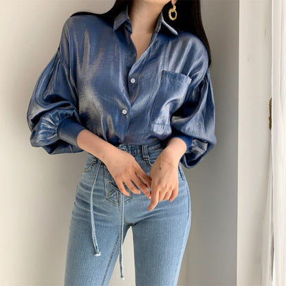 Blusa informal de manga larga abullonada con solapa elegante de color liso a la moda para mujer