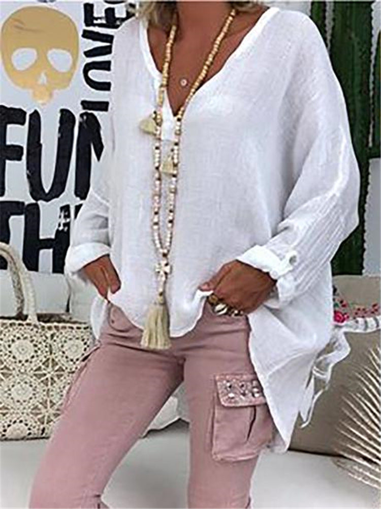 Blusa holgada informal de manga larga con cuello en V para mujer, talla grande
