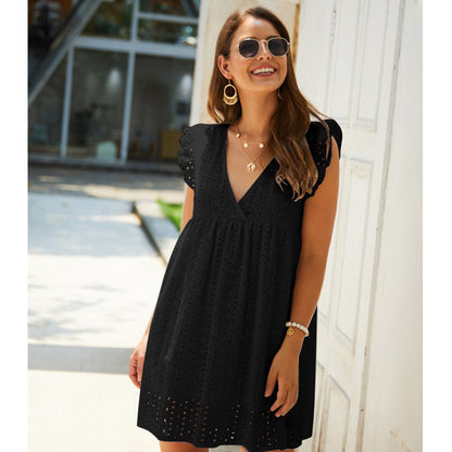 Vestido minivestido elegante para mujer, de color liso, con escote en V, encaje con volantes, sin mangas, corte A, informal, holgado, para playa y verano