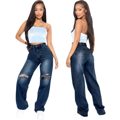 Women Casual Raw Hem Ripped Denim Wide Leg Jeans