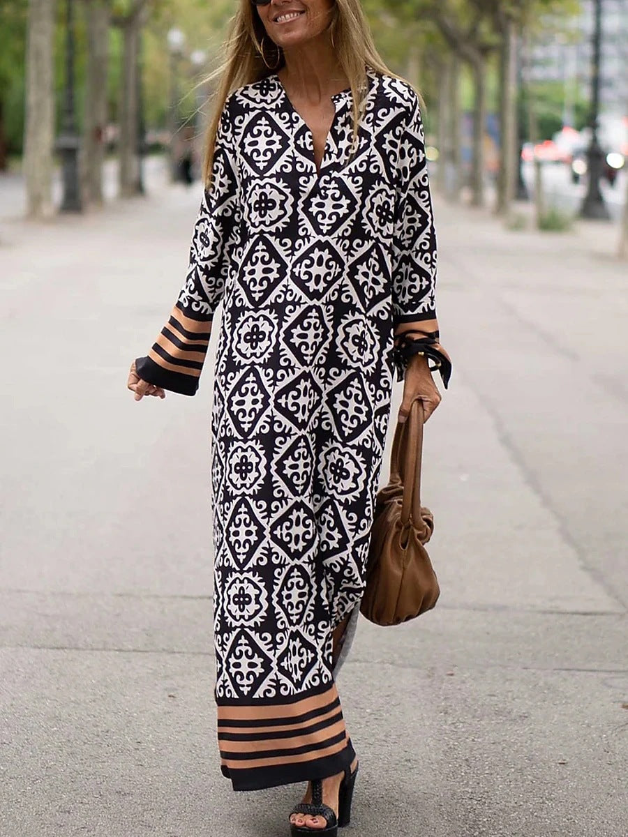 Women Casual Boho Style Geometry Stripe Print Long Sleeve V Neck Loose Maxi Dress