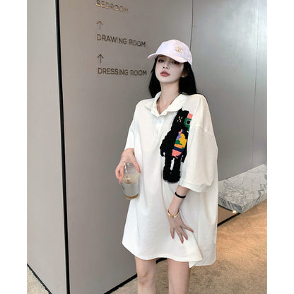 Women Casual Cute Cartoon Pattern Short Sleeve Lapel Dress