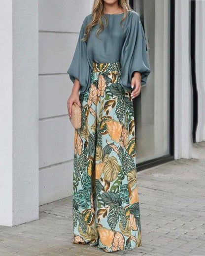 Conjunto de dos piezas para mujer, informal, con mangas abullonadas, top holgado y pantalones anchos estampados