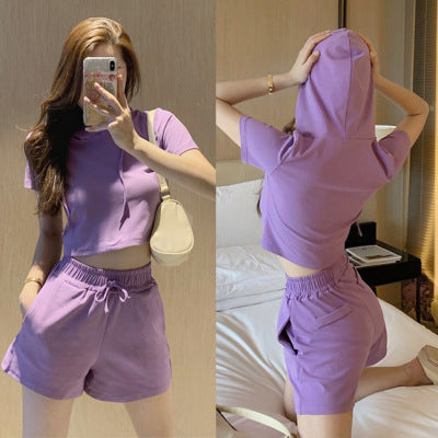 Conjunto deportivo informal con capucha y manga corta para mujer