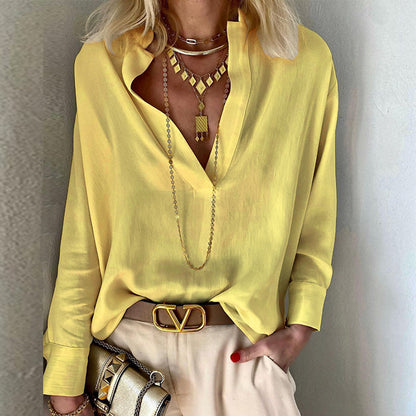 Blusa informal de lino y algodón de color liso con cuello alto para mujer