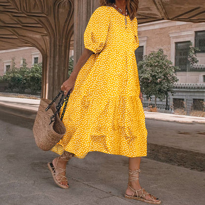 Summer Women Casual Bohemian Short Sleeves Polka Dot Print Loose Ruffle Dress