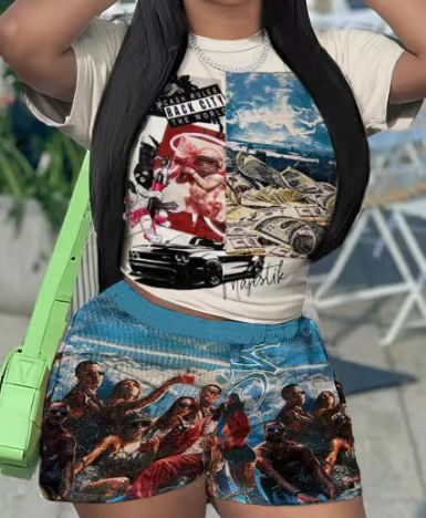 Women Fashion Casual Printed Short-Sleeved Top High Waisted Shorts Sports Two-Piece Set