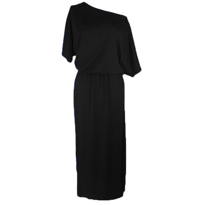 Women Casual Basic Solid Color Short Sleeve Summer Oblique Shoulder Side-slit Pocket Loose Dress