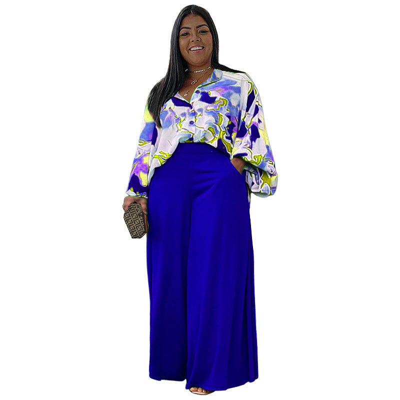 Conjunto de dos piezas para mujer, camisa de manga larga holgada, informal, estampada, de talla grande y pantalones anchos de color liso.