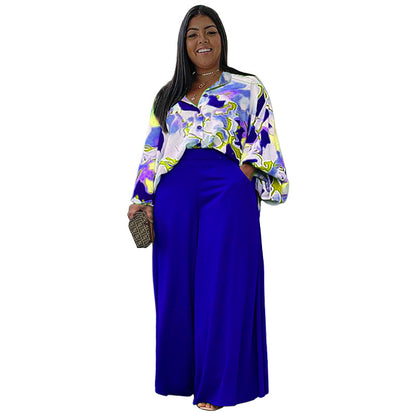 Conjunto de dos piezas para mujer, camisa de manga larga holgada, informal, estampada, de talla grande y pantalones anchos de color liso.