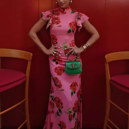 Vestido largo estilo cheongsam con mangas cortas y volantes, estampado floral de rosas, informal, para mujer