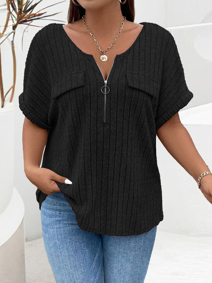 Women Fashion Casual Solid Color Plus Size Zipper Short Sleeve Loose T-Shirt