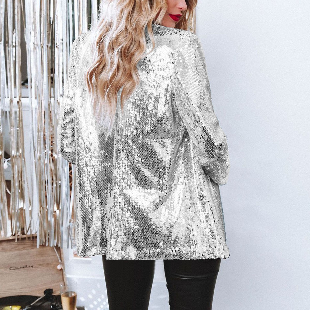Chaqueta informal de manga larga con solapa y lentejuelas de color liso para mujer