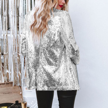 Chaqueta informal de manga larga con solapa y lentejuelas de color liso para mujer