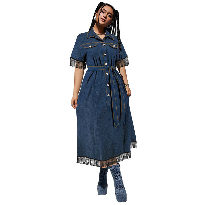 Vestido informal de moda para mujer con solapa, manga corta, borlas, botones y cinturón