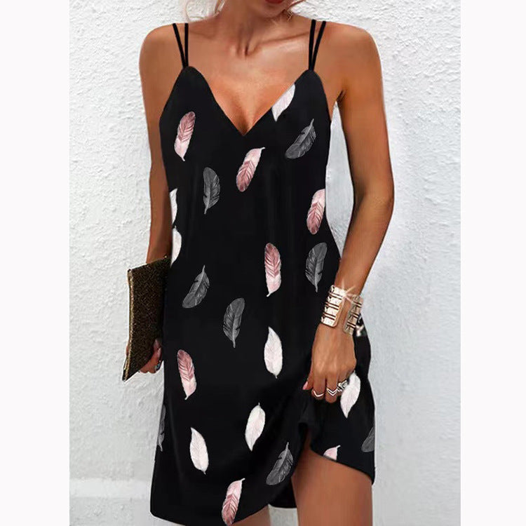 Summer Women Casual V-Neck Printed Mini Suspender Dress