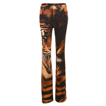 Pantalones microacampanados con estampado de tigre para mujer
