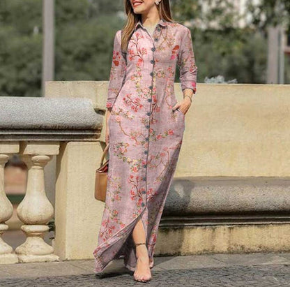 Women Casual Plaid Floral Long Sleeve Lapel Collar Button Maxi Dress