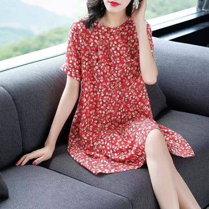 Women Fashion Casual Tiny Flower Printing Short Sleeve Plus Size Dress