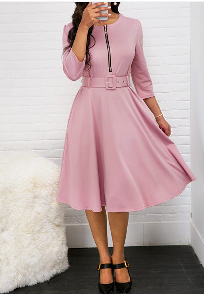 Women Fashion Casual Solid Color Zipper Belt Swing Dress