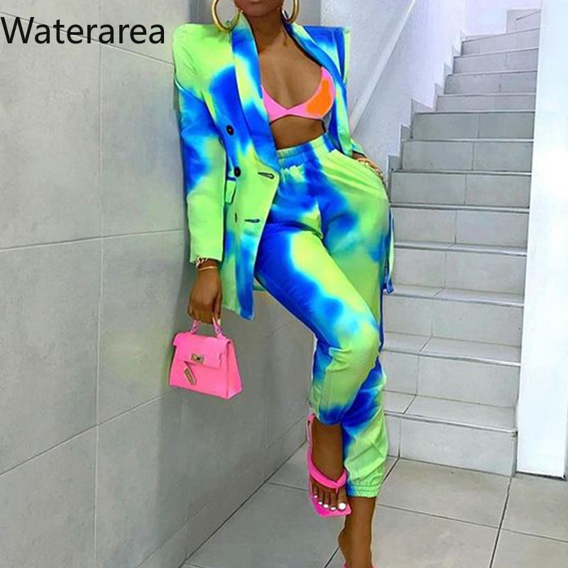 Women Orange Elegant Long Sleeves Tie-dye Office Blazer And Casual Pants Two Piece Set