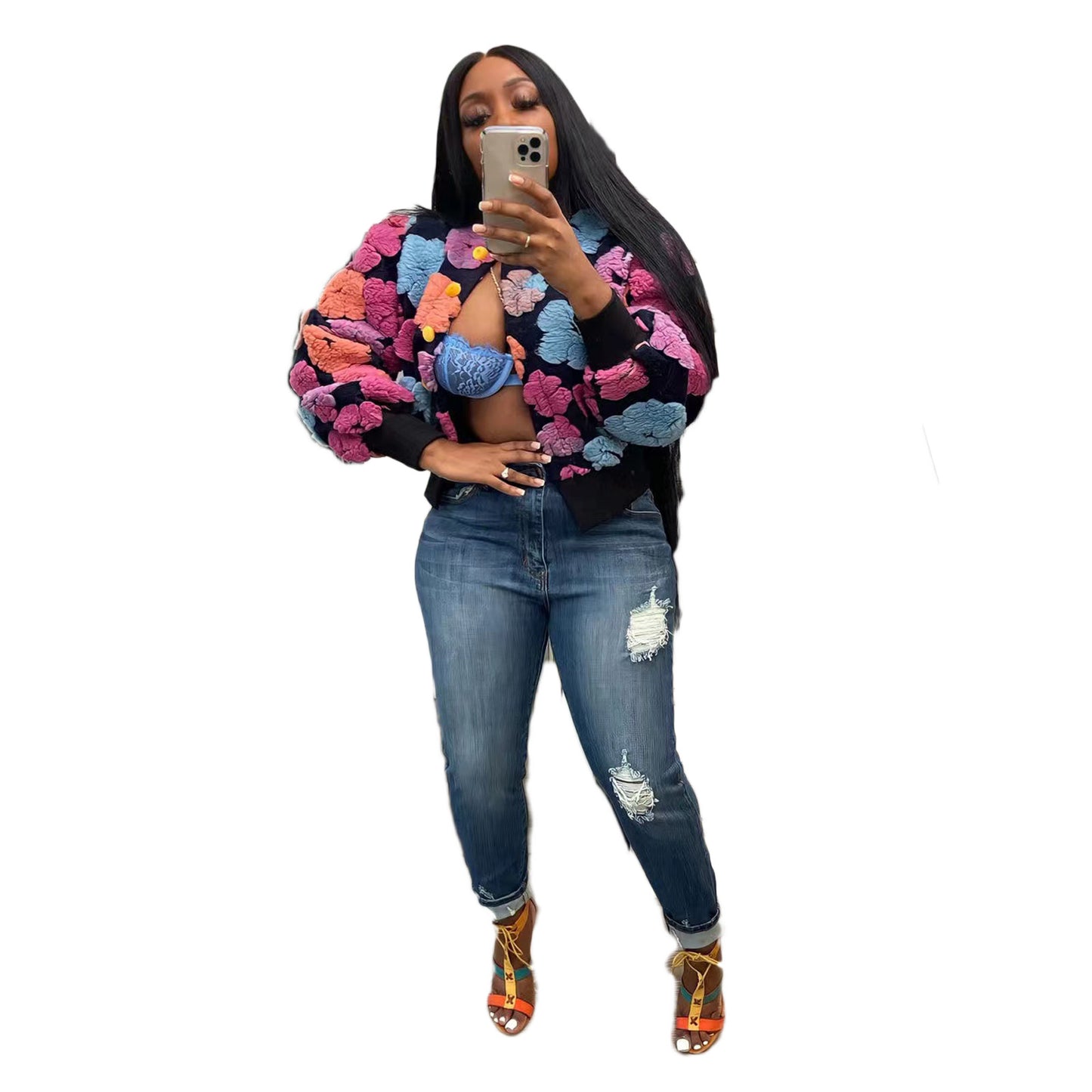 Chaqueta informal de manga larga con botones y diseño floral para mujer