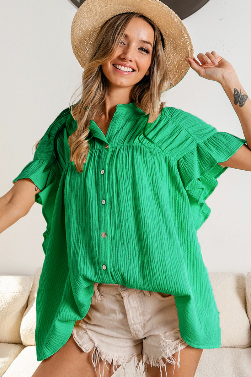Blusa informal de color liso con cuello alto plisado y botonadura sencilla para mujer