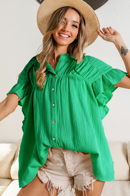 Blusa informal de color liso con cuello alto plisado y botonadura sencilla para mujer