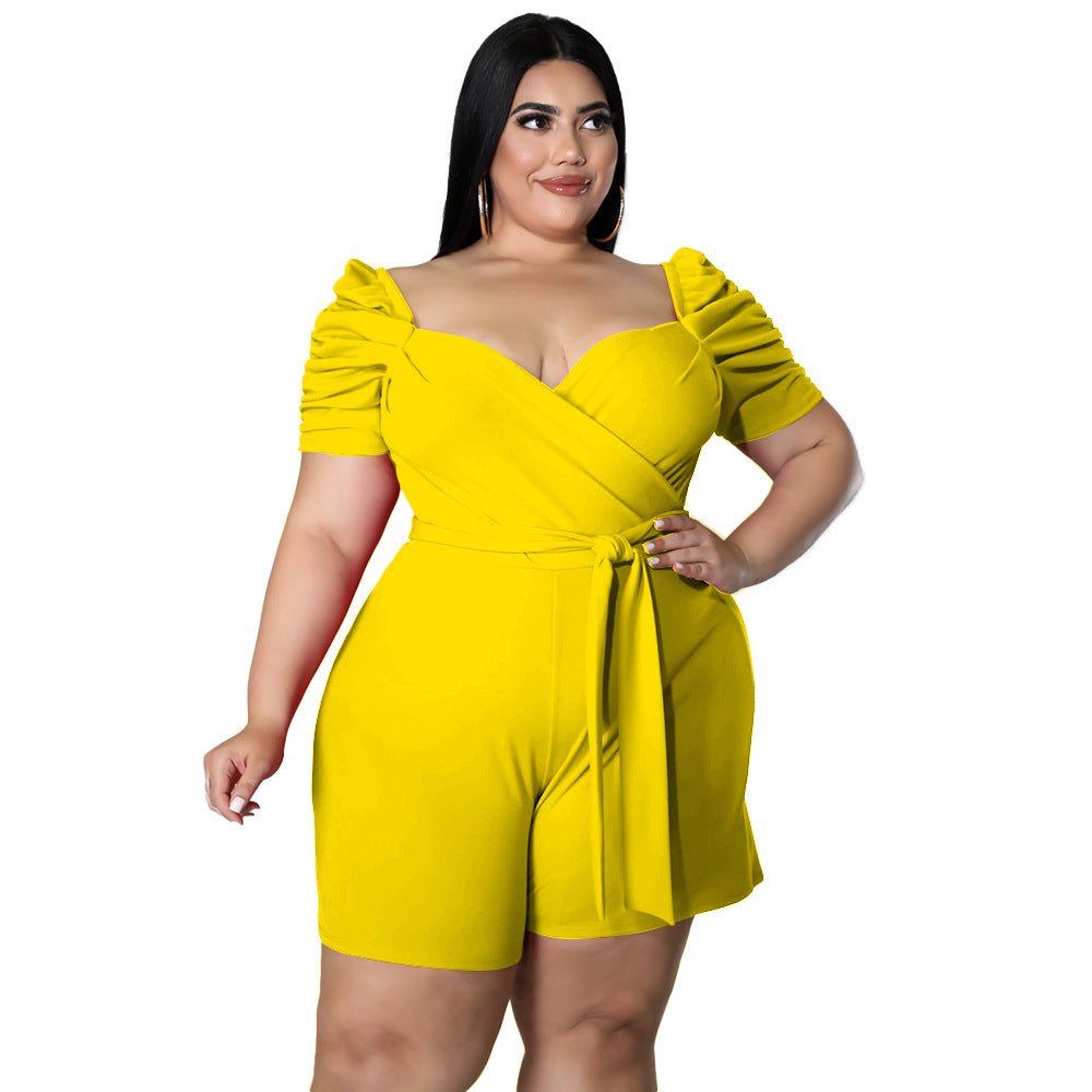 Women Fashion Casual Plus Size Solid Color Lace-Up Short-Sleeve Rompers