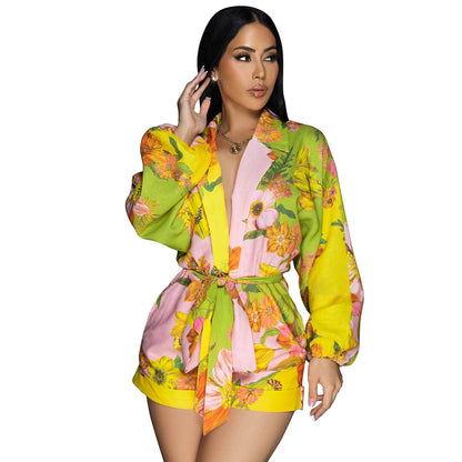 Women Fashion Casual Linen Floral Printed Lapel Pocket Long-Sleeve Lace-Up Rompers