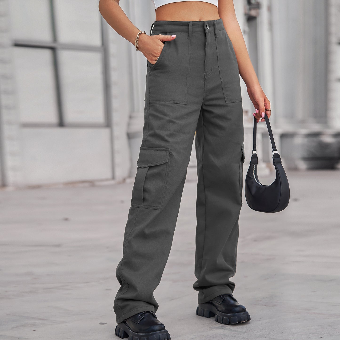 Women Fashion Casual High Waist Denim Cargo Pants