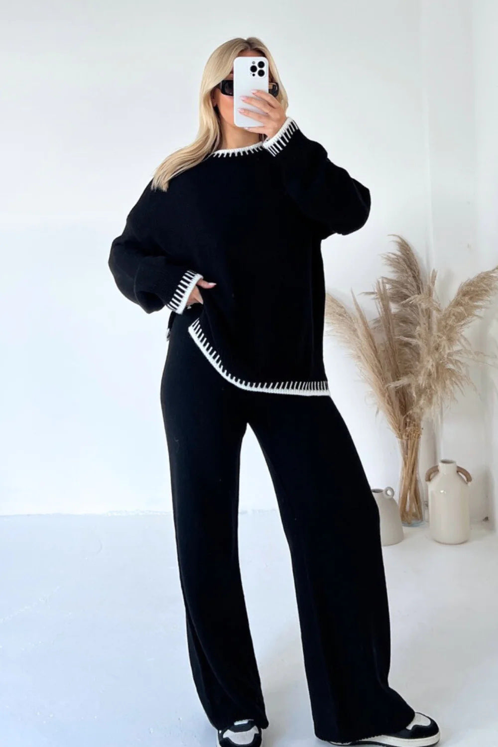 Casual Winter Fashion Solid Color Women Loose Knitted Sweater Pants Two-Piece Set