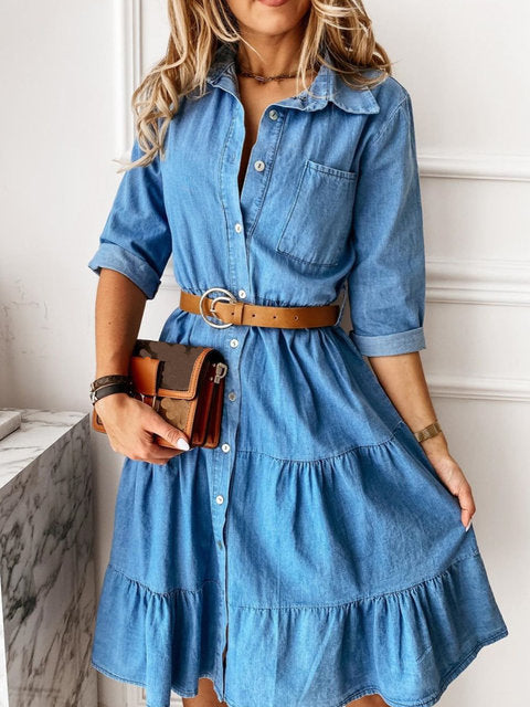 Vestido vaquero clásico de manga larga con bolsillos y volantes para mujer, estilo casual y a la moda.