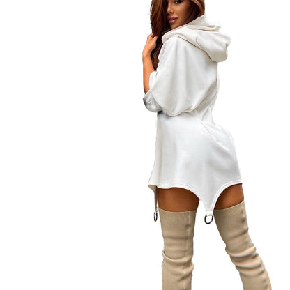 Fashion Women Casual Solid Color Loose Long-Sleeved Hooded Irregular Hemline Sweat Dress