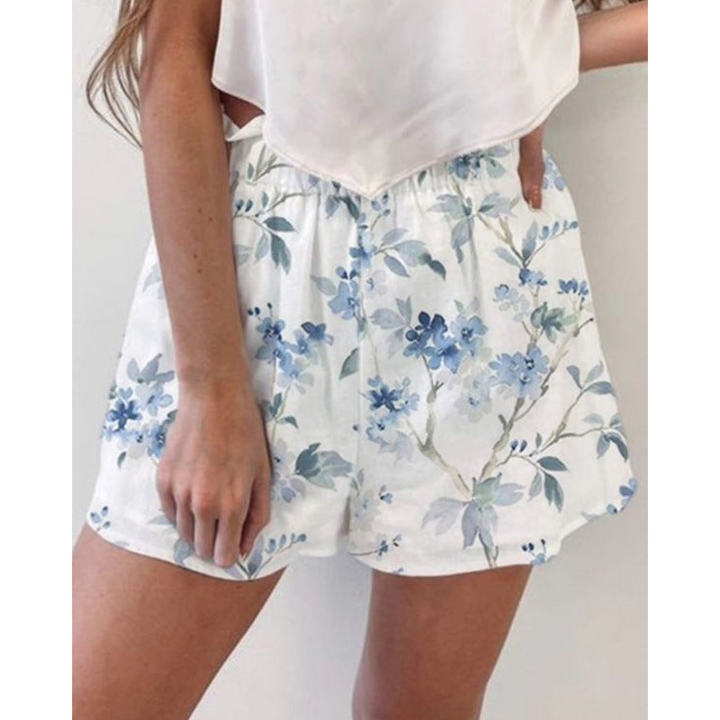 Women'S Fashion Casual Vacation Tiny Floral Printing Elastic Waist Shorts