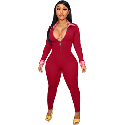 Women Stitching Lapel Zipper Long Sleeve Slim Fit Casual Jumpsuit