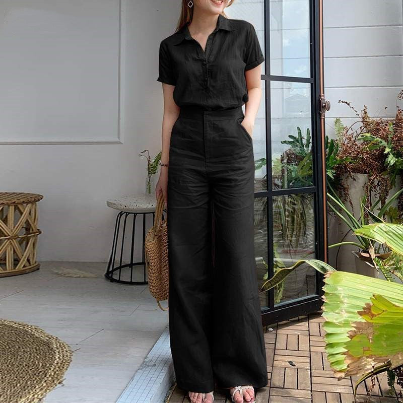 Conjunto de dos piezas de top y pantalón de manga corta con solapa y color liso informal para mujer
