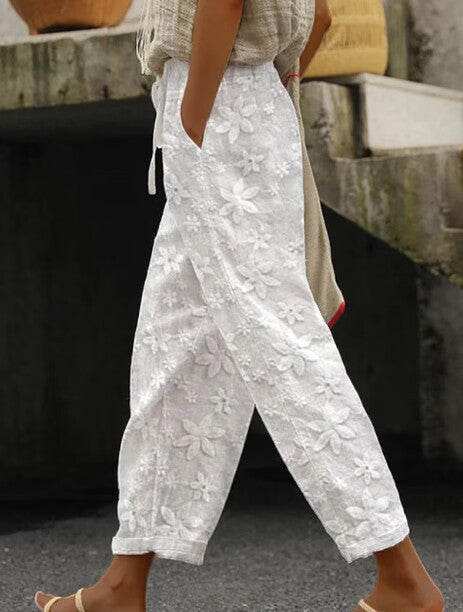 Summer Floral Embroidered Lace-Up Casual Women Crop Pants