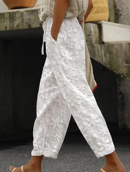 Summer Floral Embroidered Lace-Up Casual Women Crop Pants