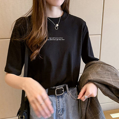 Camiseta informal de manga corta con cuello redondo y estampado de letras para mujer