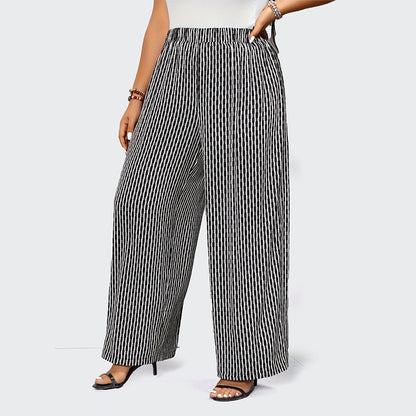Summer Women Casual Plus Size Stripe Printed Wide Leg Pants