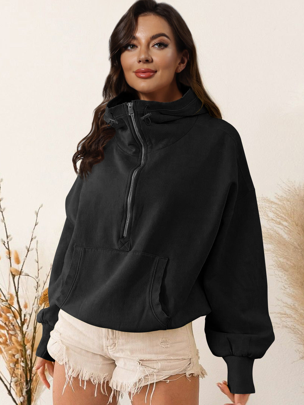Sudadera informal de cuello alto con cremallera y color liso para mujer