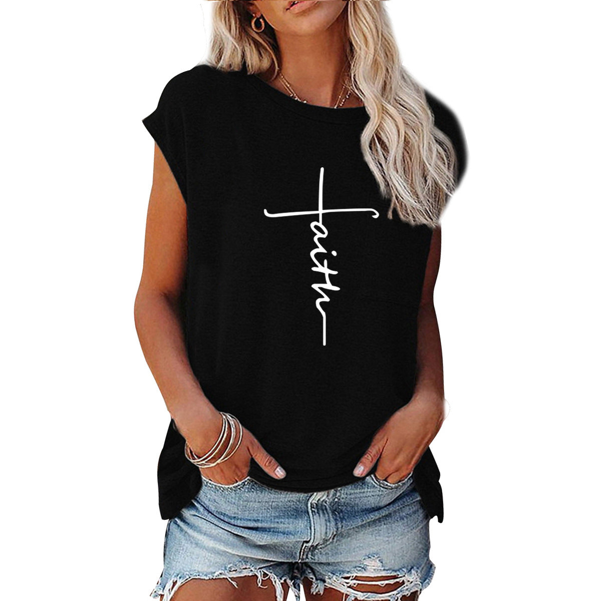 Camiseta informal de verano para mujer con estampado de letras Peace Faith, cuello redondo, manga corta y holgada