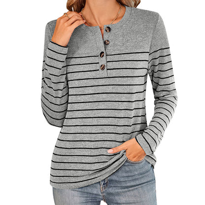 Camiseta informal de manga larga con botones y rayas en contraste para mujer