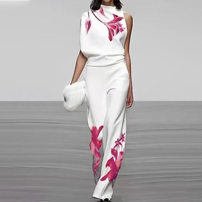 Conjunto de dos piezas con top y pantalones holgados sin mangas con estampado floral informal a la moda para mujer