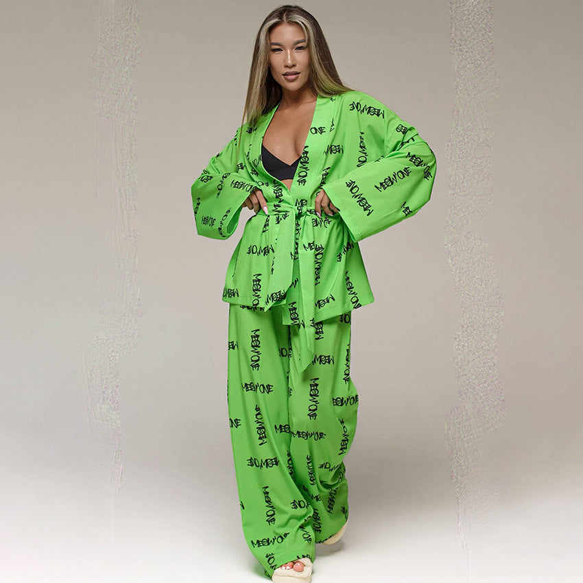 Conjunto de pijama de seda estampado informal y holgado para mujer