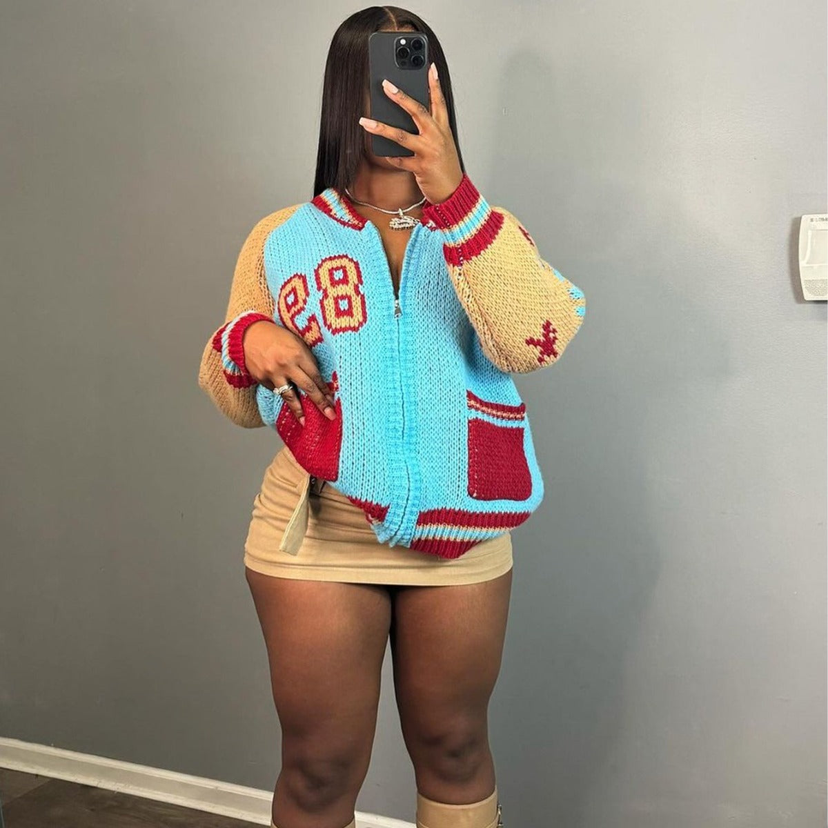 Women Fashion Long Sleeve Pocket Letter Zipper Casual Sweater