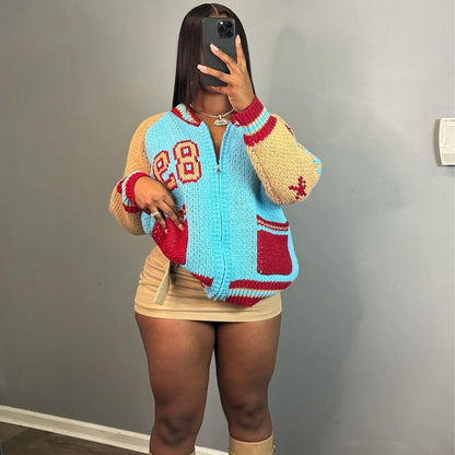 Women Fashion Long Sleeve Pocket Letter Zipper Casual Sweater