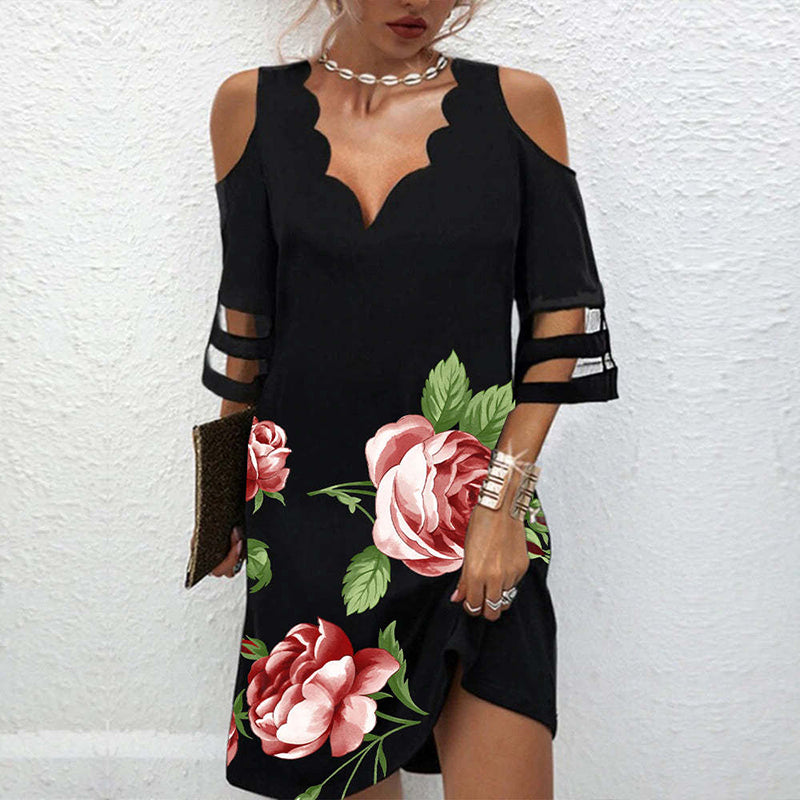 Vestido mini holgado informal de verano para mujer, elegante, de manga corta, con escote en V y hombros descubiertos, de malla y retazos