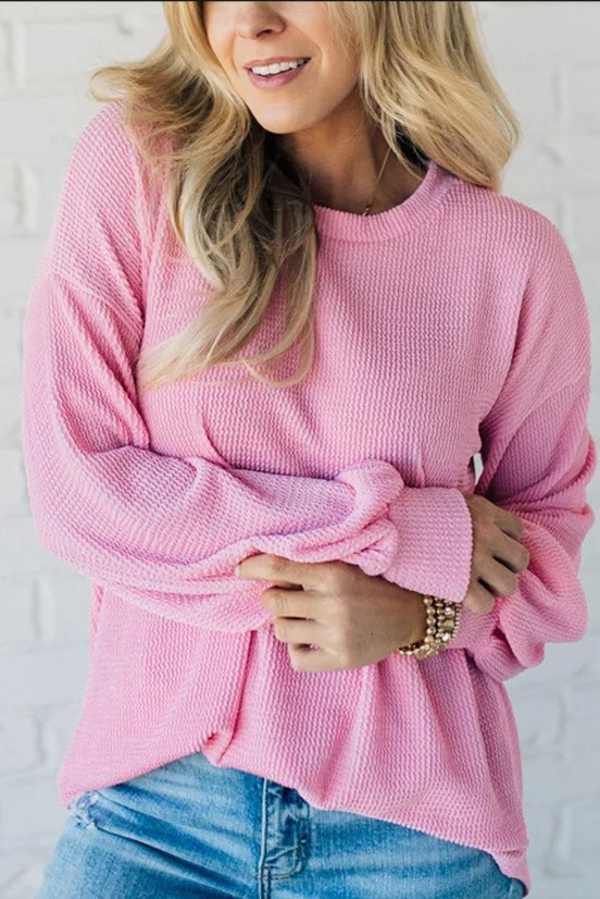 Sudadera informal holgada de color liso con cuello redondo y manga larga para mujer